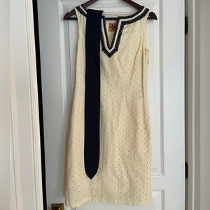 Tory Burch Cream and Navy Eyelet Dress with Belt